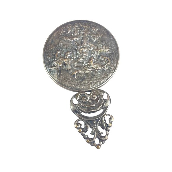 Antique Silver Hand Mirror With Ornate Handle & Detailed Scene Engraving - Picture 2 of 6